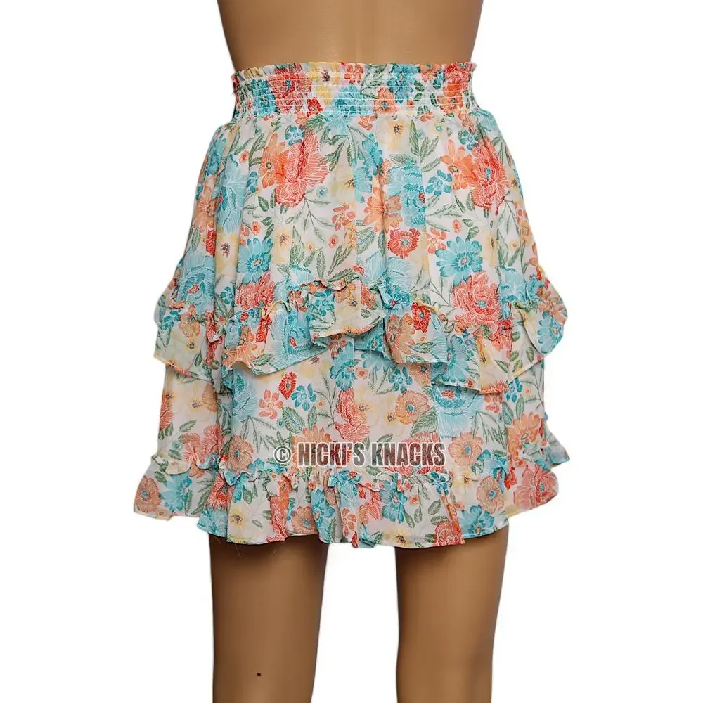 1. State Floral Chiffon Mini Skirt Ruffle Pull On High Waist Multicolor Size L